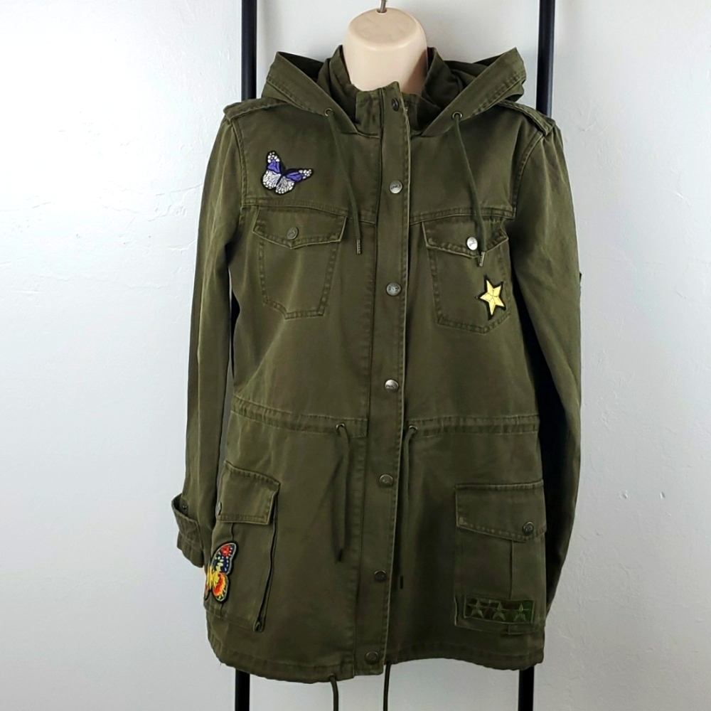 BNCI green embroidered military Jacket women zipper patch hoodie size S